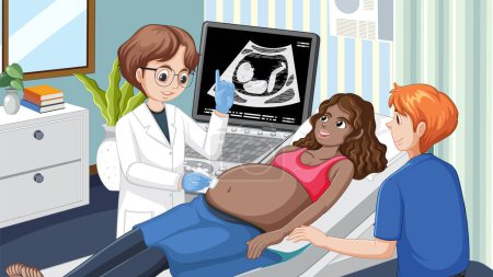 Téléchargez les illustrations : Doctor doing ultrasound scan for pregnant woman in hospital illustration - en licence libre de droit