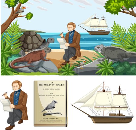 Téléchargez les illustrations : Charles Darwin et l'origine des espèces illustration de livre - en licence libre de droit