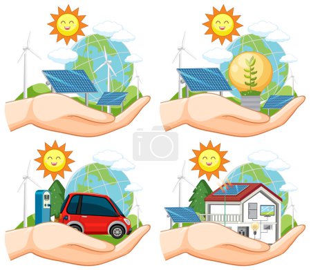 Téléchargez les illustrations : Concept d'énergie verte avec panneaux solaires et éoliennes illustration - en licence libre de droit