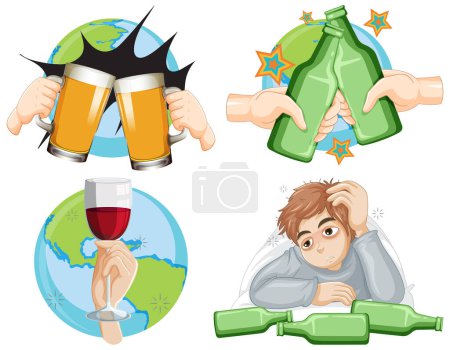 Téléchargez les illustrations : Illustration de personnes malsaines avec des boissons alcoolisées - en licence libre de droit