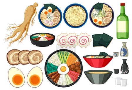 Ilustración de Conjunto de diferentes alimentos japoneses y coreanos ilustración - Imagen libre de derechos