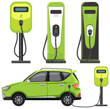 Illustration for EV charging station with electric car collection illustration - Royalty Free Image