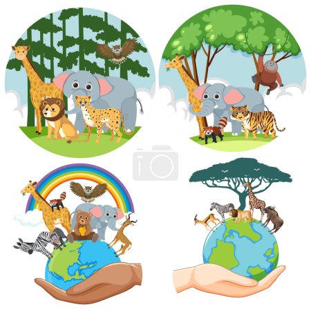 Illustration for Set of circle temple to save the earth animal and forest illustration - Royalty Free Image