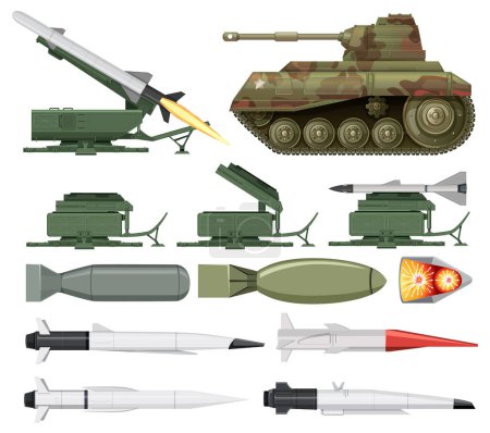 Illustration for Military vehicles and weapons collection illustration - Royalty Free Image