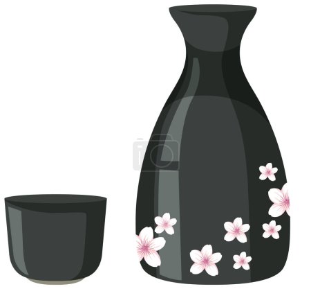 Téléchargez les illustrations : Bouteille de saké japonaise et illustration vectorielle de tasse - en licence libre de droit