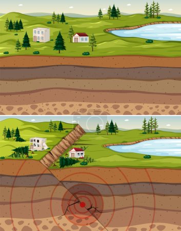 Ilustración de Terremoto debido a la interacción de placas tectónicas ilustración - Imagen libre de derechos