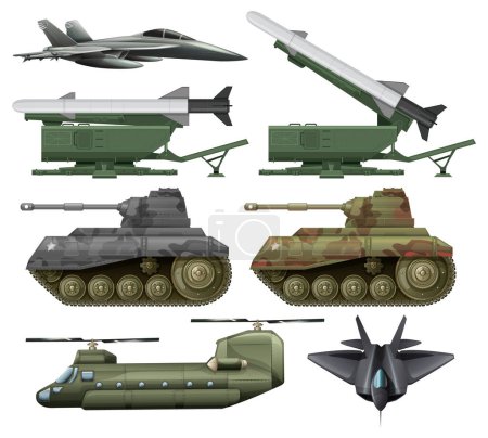 Téléchargez les illustrations : Illustration de véhicules militaires et collection d'armes - en licence libre de droit