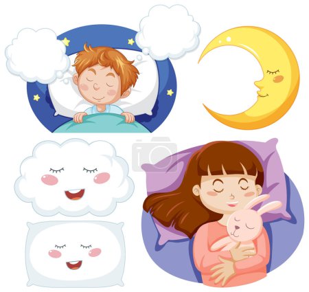 Illustration for Set of girl having a good night sleep illustration - Royalty Free Image