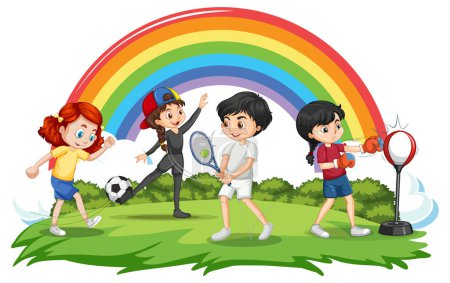 Téléchargez les illustrations : Happy children playing different sports illustration - en licence libre de droit