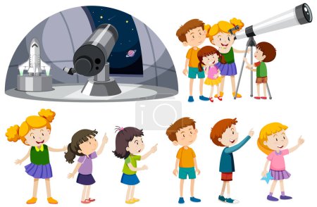 Illustration for Playful Children Using Telescopes Vector Collection illustration - Royalty Free Image
