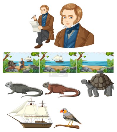 Illustration for Set of mix charles darwin with animal illustration - Royalty Free Image