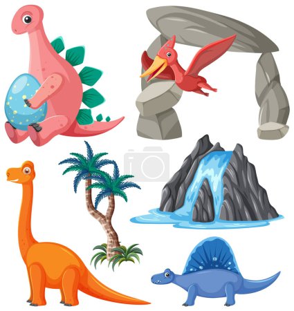 Téléchargez les illustrations : Dinosaures et éléments naturels Illustration de la collection vectorielle - en licence libre de droit