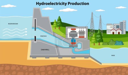 Téléchargez les illustrations : Illustration du concept de barrage hydroélectrique et de turbine - en licence libre de droit