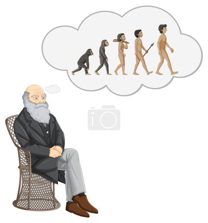 Ilustración de Charles Darwin e ilustración de la teoría de la biología evolutiva - Imagen libre de derechos
