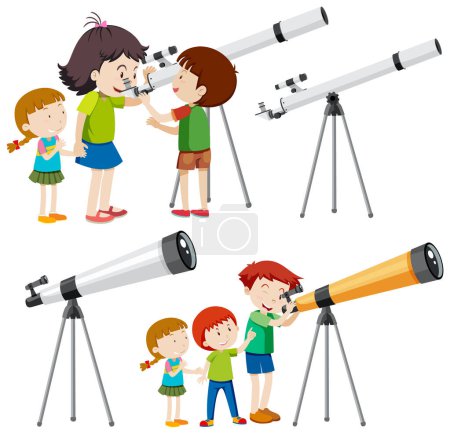 Téléchargez les illustrations : Enfants espiègles utilisant des télescopes Vector Collection illustration - en licence libre de droit