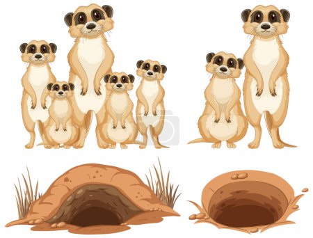 Ilustración de Conjunto de ilustración de personajes de dibujos animados de suricata - Imagen libre de derechos