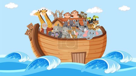 Téléchargez les illustrations : Illustration de l'arche de Noé avec des animaux - en licence libre de droit