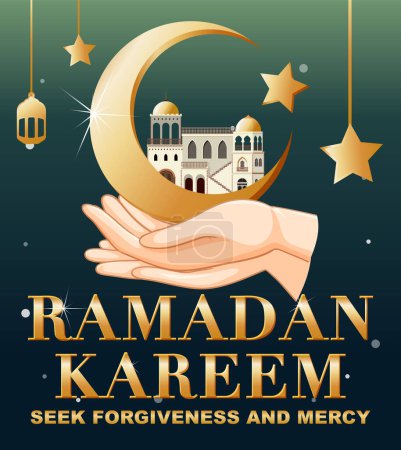 Téléchargez les illustrations : Affiche Ramadan Kareem avec illustration des éléments islamiques traditionnels - en licence libre de droit