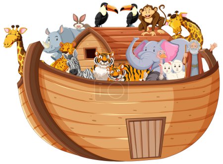 Téléchargez les illustrations : Illustration de l'arche de Noé avec des animaux - en licence libre de droit