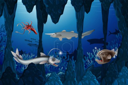 Téléchargez les illustrations : Illustration Océan avec créatures d'eau profonde - en licence libre de droit