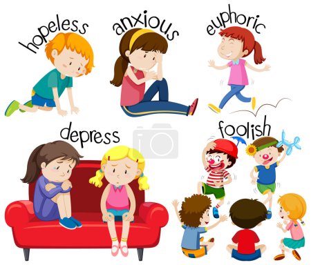 Illustration for English vocabulary adjective word with cartoon characters illustration - Royalty Free Image