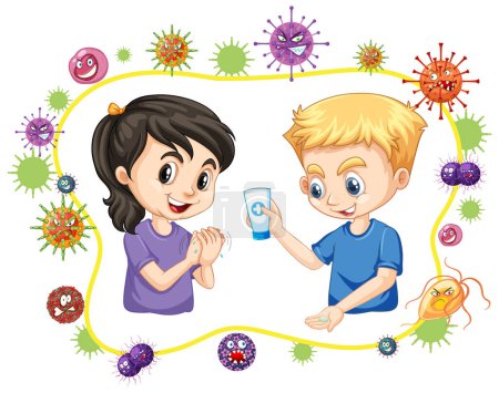 Téléchargez les illustrations : Enfants nettoyant les mains à l'aide d'un désinfectant alcool illustration - en licence libre de droit