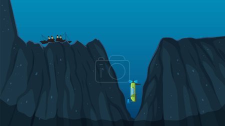Submarine descending into mariana trench underwater illustration