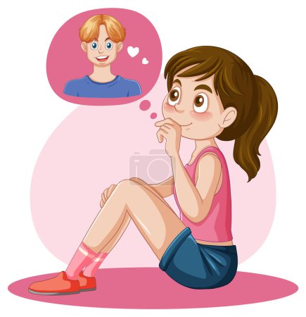 Illustration for Puberty girl thinking about her boyfriend illustration - Royalty Free Image