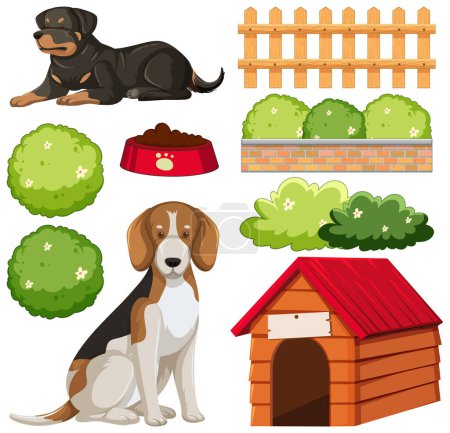 Téléchargez les illustrations : Ensemble d'éléments végétaux de jardin et illustration de chien - en licence libre de droit