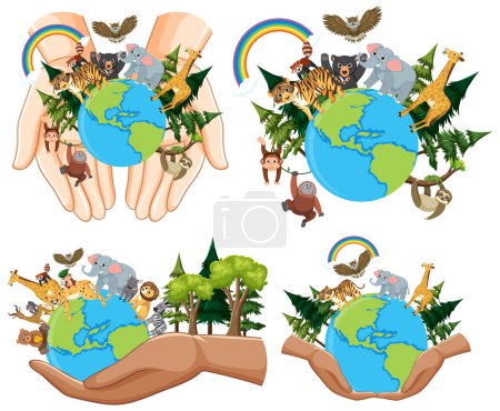 Téléchargez les illustrations : Sauver le monde et dessin animé animal logo illustration - en licence libre de droit