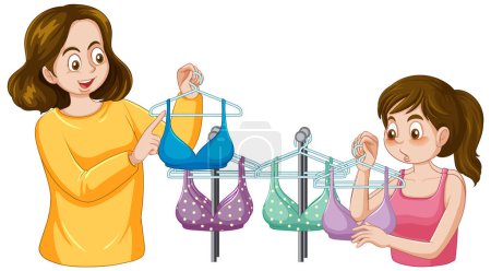 Illustration for Mother and daughter choosing a bra during puberty illustration - Royalty Free Image