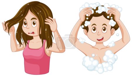Téléchargez les illustrations : Adolescent fille préoccupations problème de cheveux pendant puberté illustration - en licence libre de droit