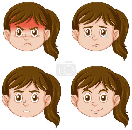 Illustration for Puberty girl with different facial expression illustration - Royalty Free Image