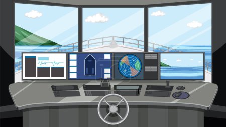 Ilustración de Interior de la cabina del buque con ilustración de paneles de control - Imagen libre de derechos