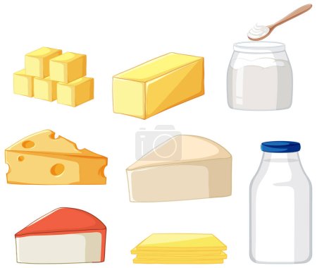 Téléchargez les illustrations : Assortiment de produits laitiers Illustration vectorielle de l'ensemble - en licence libre de droit