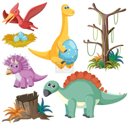 Téléchargez les illustrations : Dinosaures et éléments naturels Illustration de la collection vectorielle - en licence libre de droit