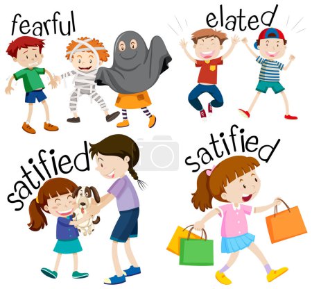 Illustration for English vocabulary adjective word with cartoon characters illustration - Royalty Free Image