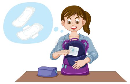 Ilustración de Una chica de la pubertad sacando una toalla sanitaria de su mochila ilustración - Imagen libre de derechos