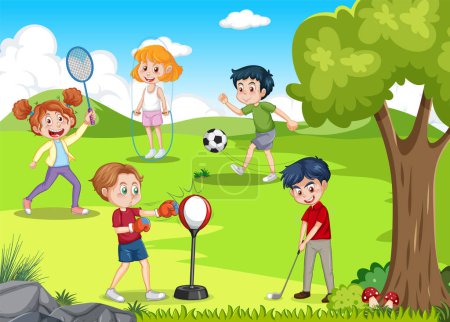 Téléchargez les illustrations : Enfants jouant à l'illustration de terrain de jeu - en licence libre de droit