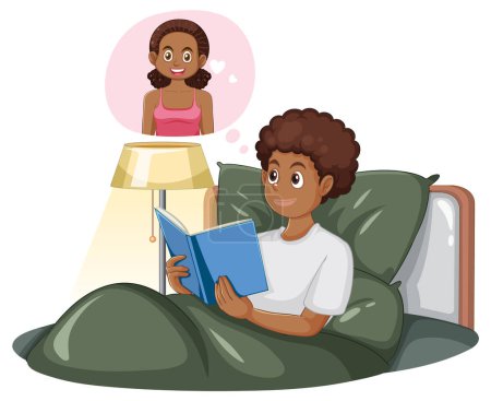 Illustration for Teenage Boy Reading Book and Thinking About His Crush illustration - Royalty Free Image
