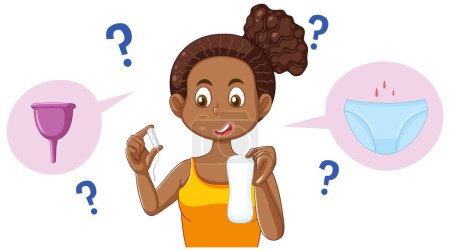 Illustration for Puberty girl choosing between sanitary pads and tampons illustration - Royalty Free Image