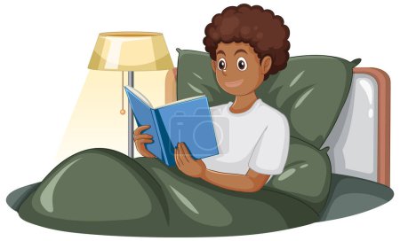 Téléchargez les illustrations : Adolescent garçon lecture livre sur lit illustration - en licence libre de droit