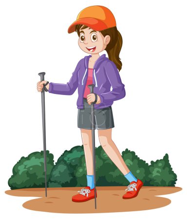 Ilustración de Una chica trekking dibujo animado carácter ilustración - Imagen libre de derechos