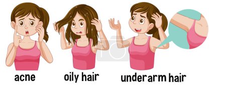 Illustration for Adolescent Struggles with Oily Hair Acne and Underarm Hair illustration - Royalty Free Image