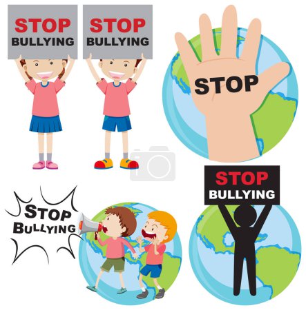 Téléchargez les illustrations : Stop Bullying Cartoon Icônes Illustration Set - en licence libre de droit
