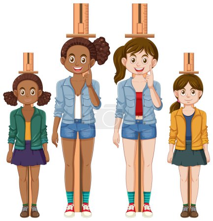 Illustration for Different girls measuring height illustration - Royalty Free Image
