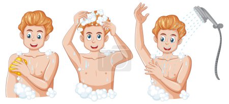 Téléchargez les illustrations : Une illustration de routine de douche d'auto-soin masculin adolescent - en licence libre de droit