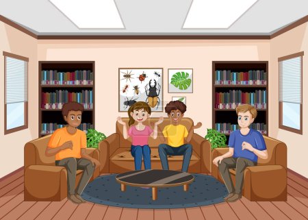Illustration for Group of teenegers at living room illustration - Royalty Free Image