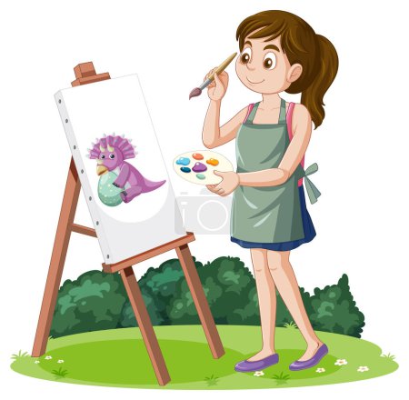 Ilustración de Mujer pintura de dinosaurios en el jardín ilustración - Imagen libre de derechos