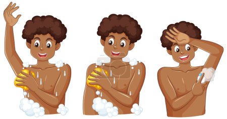Téléchargez les illustrations : Adolescent garçon prendre douche caractères ensemble illustration - en licence libre de droit